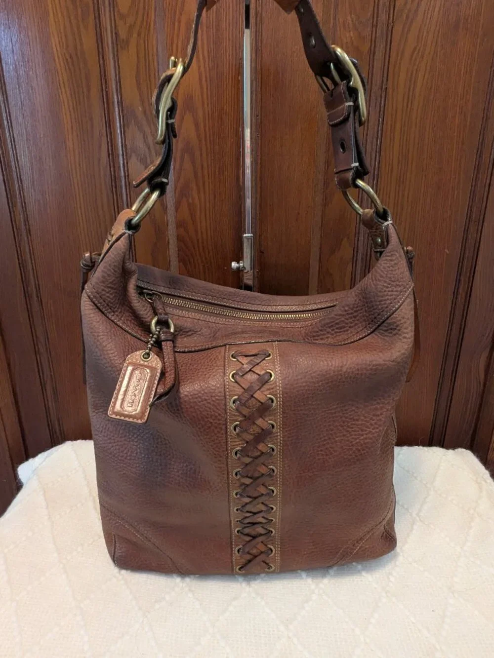 Vintage COACH Chelsea Lace Handbag BoHo X-Large Brown Pebbled Leather